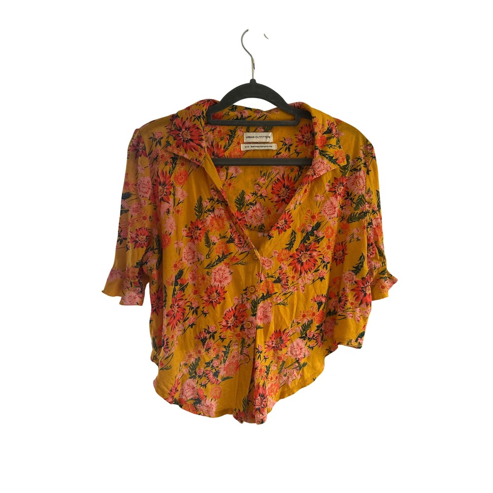 Urban Outfitters Mustard Yellow Floral Cropped Button Down Top Blouse Medium